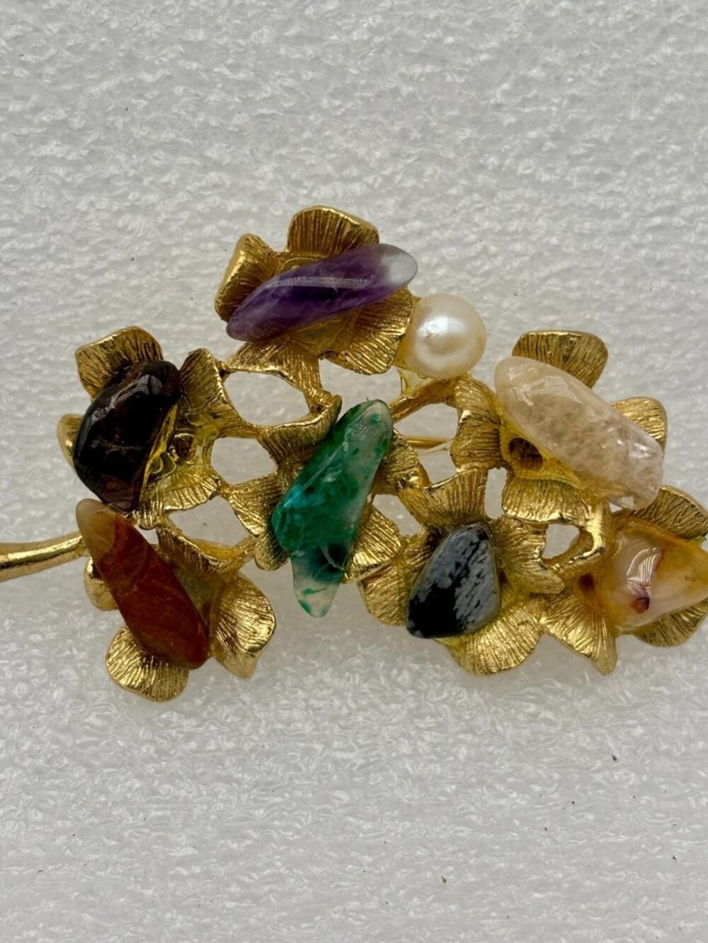 1960s BSK Gemstone Pearl Floral Gold Tone Brooch Signed